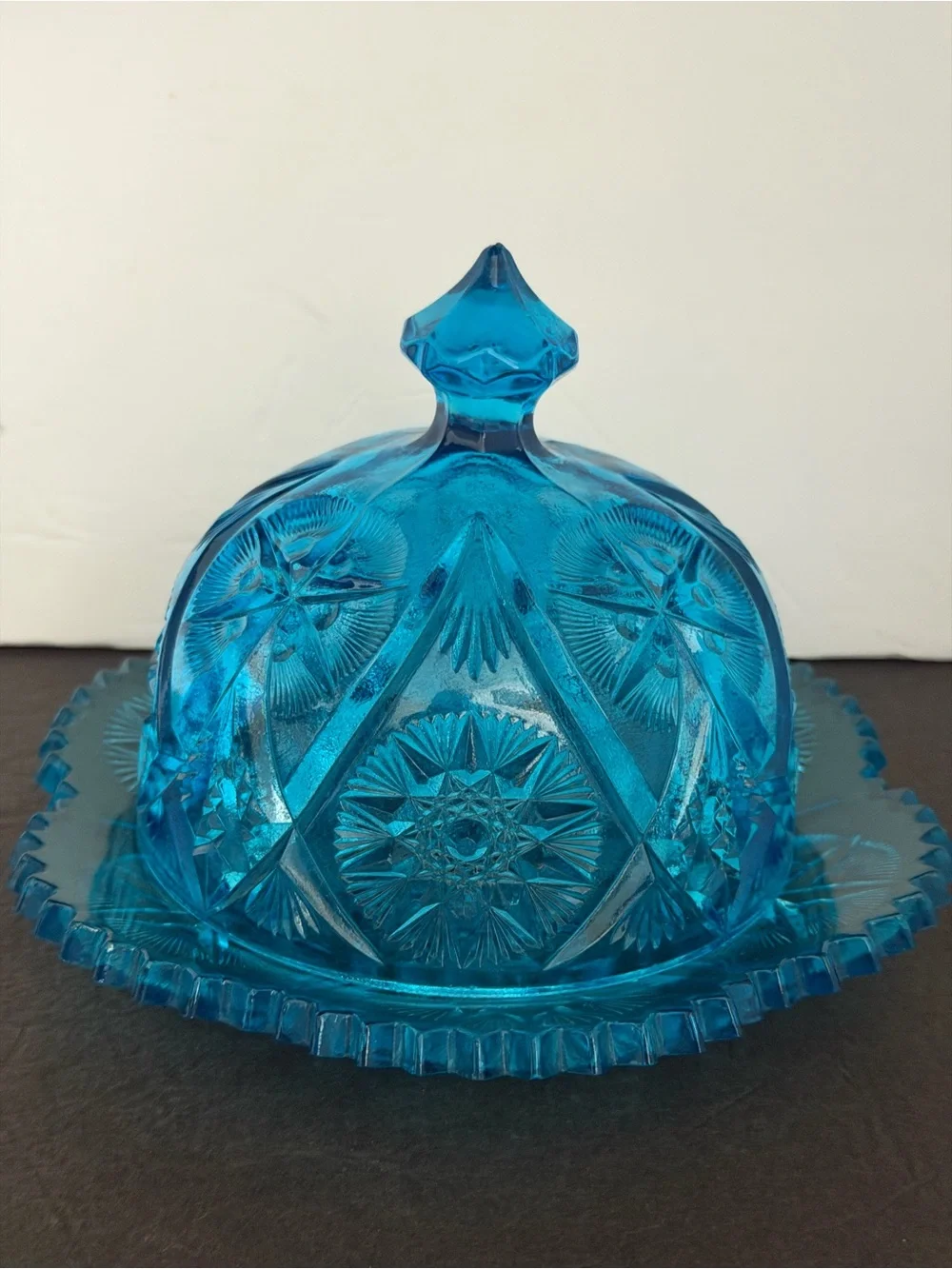 Bright Blue Pressed Glass Covered Cheese Dish
